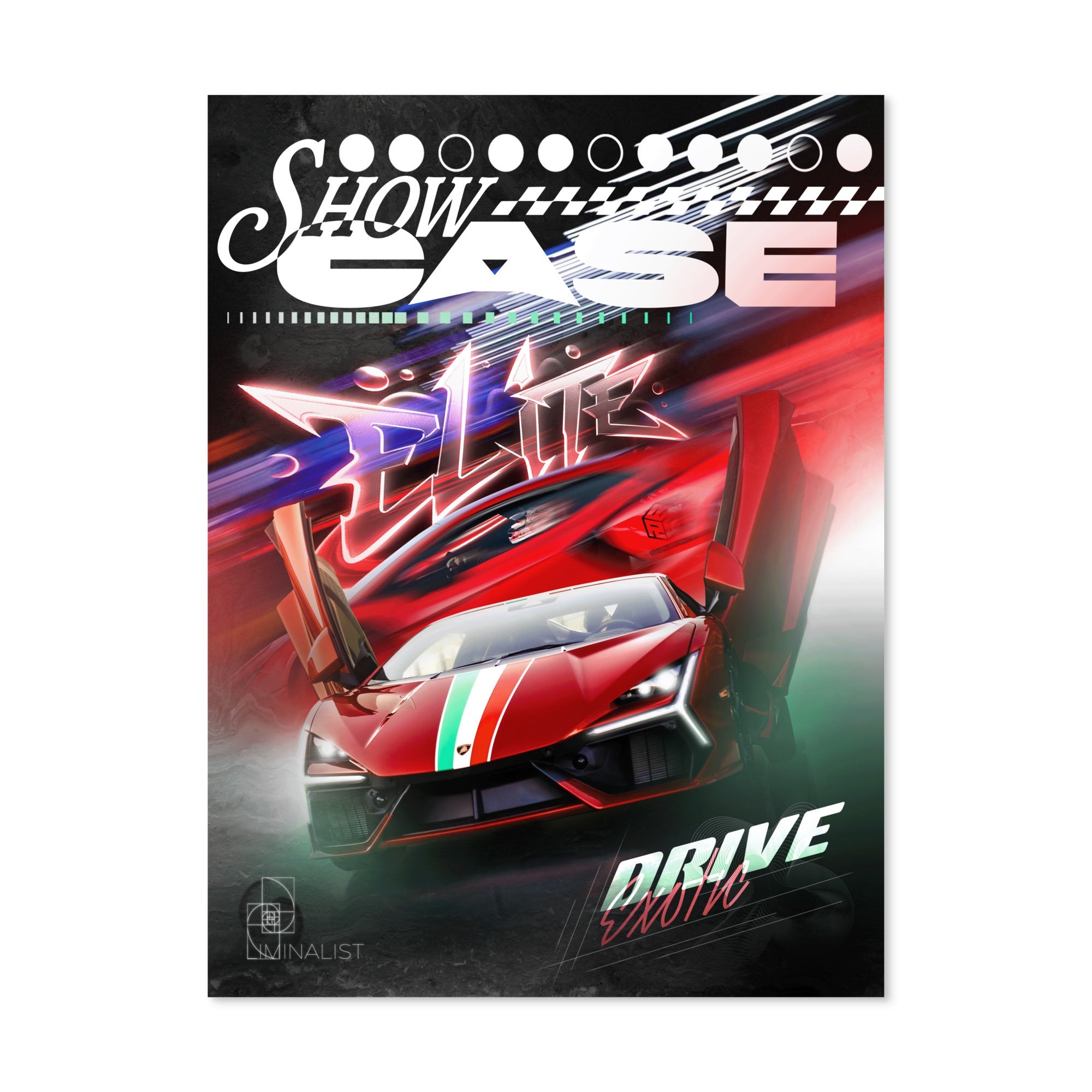 Drive Exotic 1 — Enthusiast Edition 24x32 art print by Liminalist Media. Large format automotive poster featuring an Italian supercar with neon and dark atmosphere.