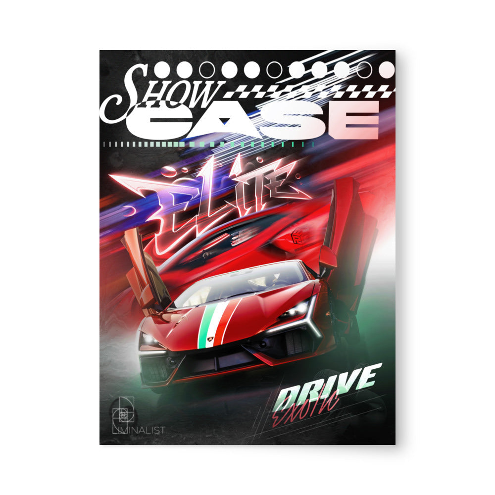 Drive Exotic 1 — Statement Edition 18x24 art print by Liminalist Media. Mid-size automotive wall art featuring an Italian supercar with dark cyberpunk aesthetic.