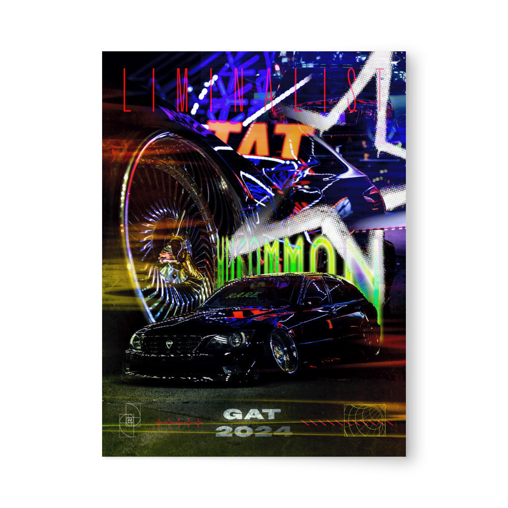 GAT 1 2024 — Statement Edition 18x24 art print by Liminalist Media. Mid-size car show wall art featuring a blacked-out custom build surrounded by neon light from GAT 2024.